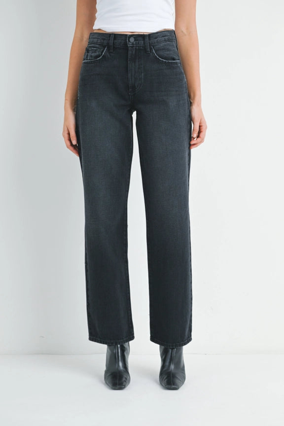 Women’s high-waisted relaxed fit straight leg denim jeans displayed in HIGH RISE RELAXED FIT STRAIGHT LEG JEANS
