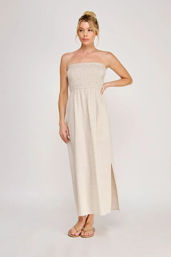 Beige Smocked Bodice Pockets Maxi Dress NATURAL / LARGE