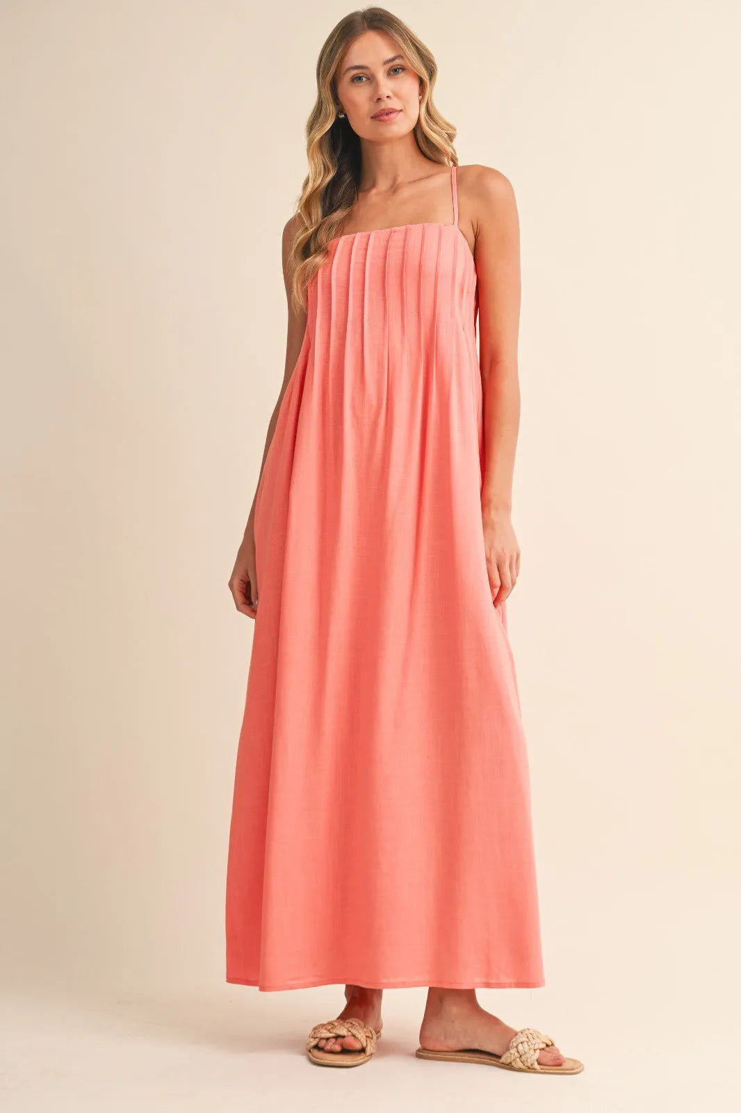 Pintuck Detailed Strappy Maxi Dress in Coral Coral / SMALL