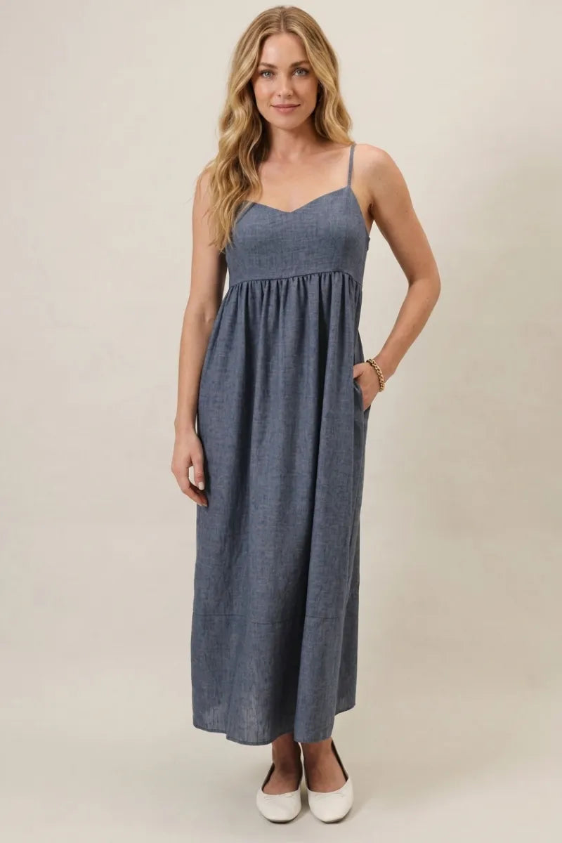 Sweetheart Neck Spaghetti Strap Midi Denim Blue Dress NAVY / MEDIUM