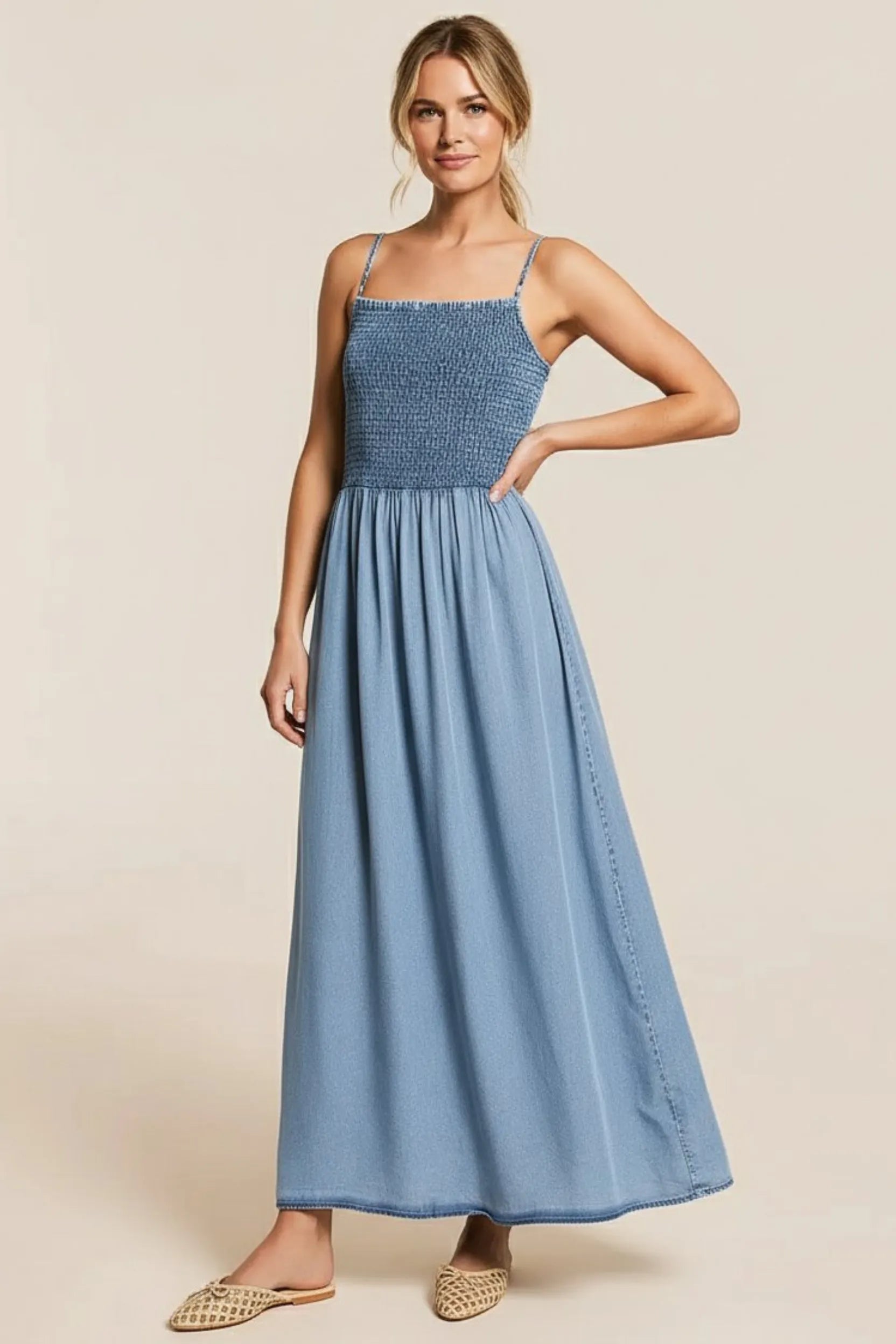Denim Smocked Cami Maxi Dress Chambray / Extra Small