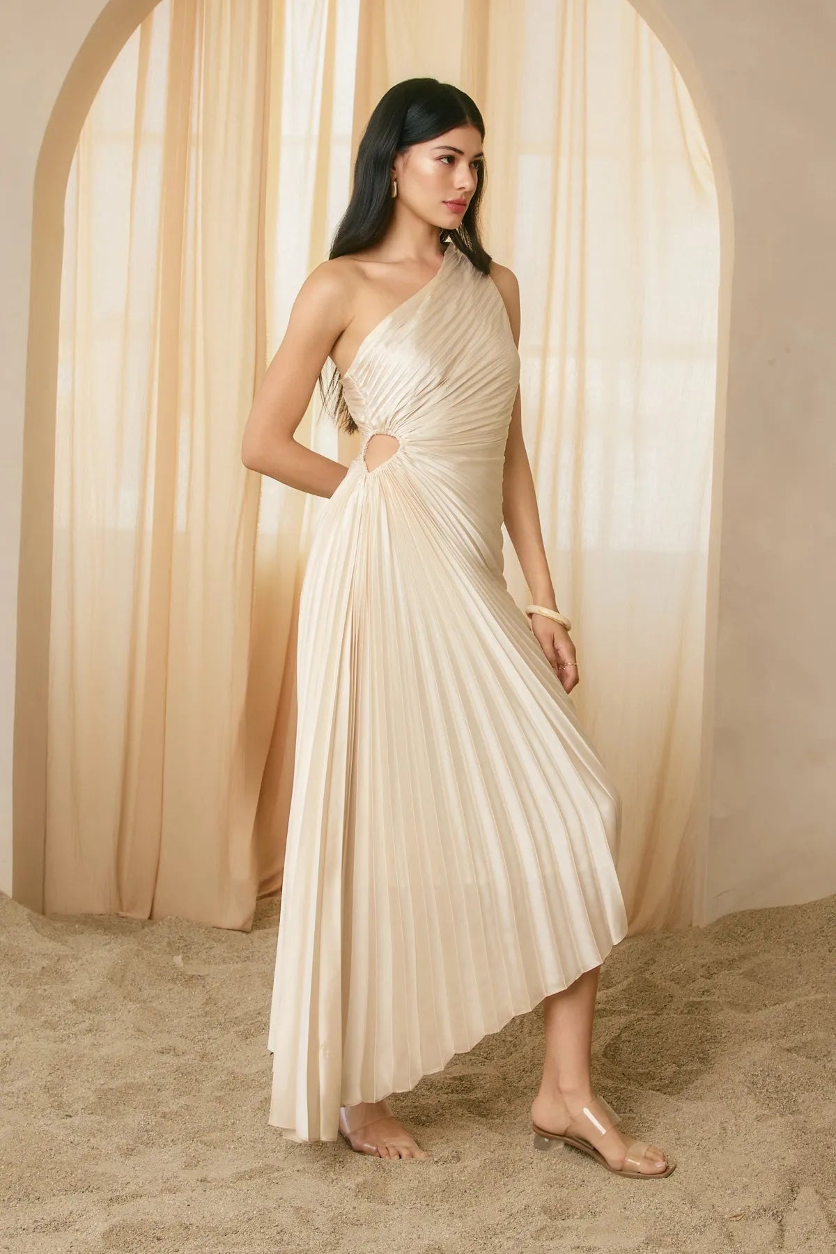 Olympia Asymmetrical Pleated Maxi Dress