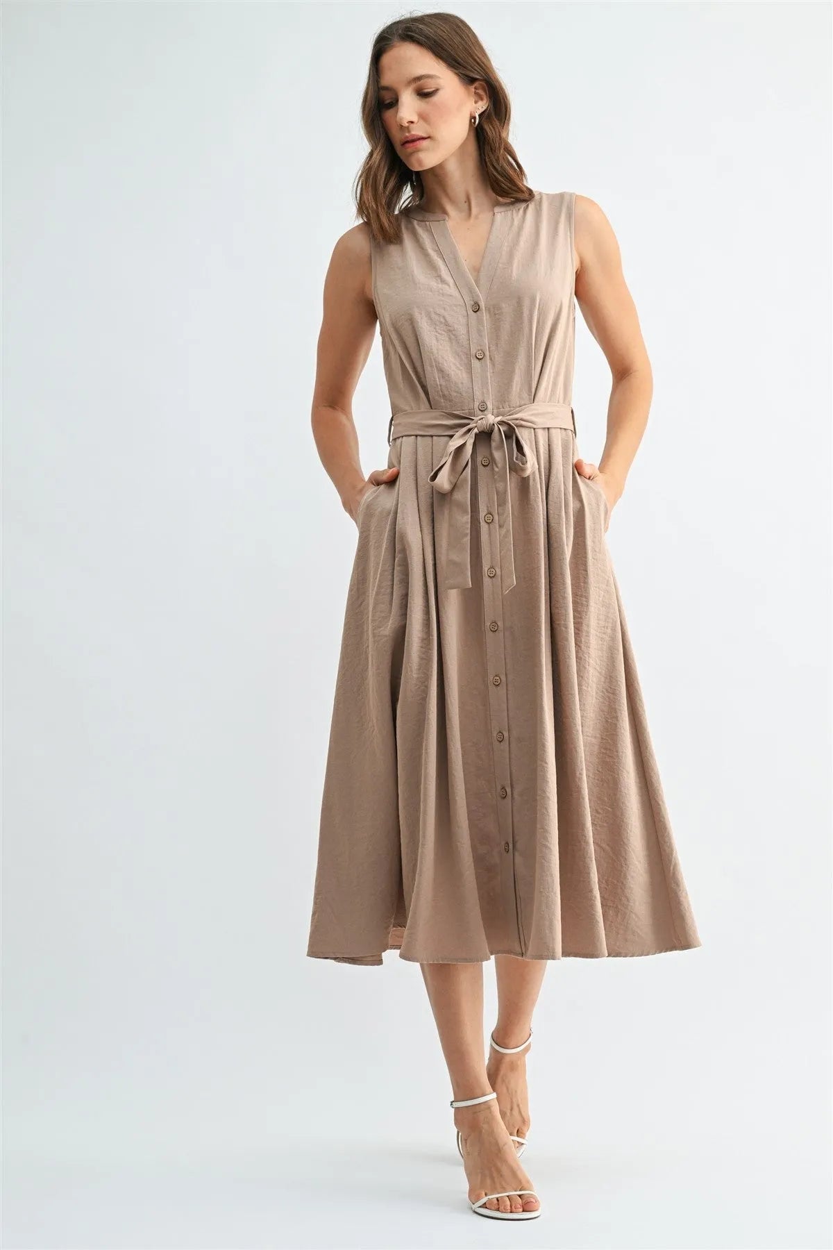 Sleeveless v Neck Button Front Tie Midi Dress LATTE / SMALL