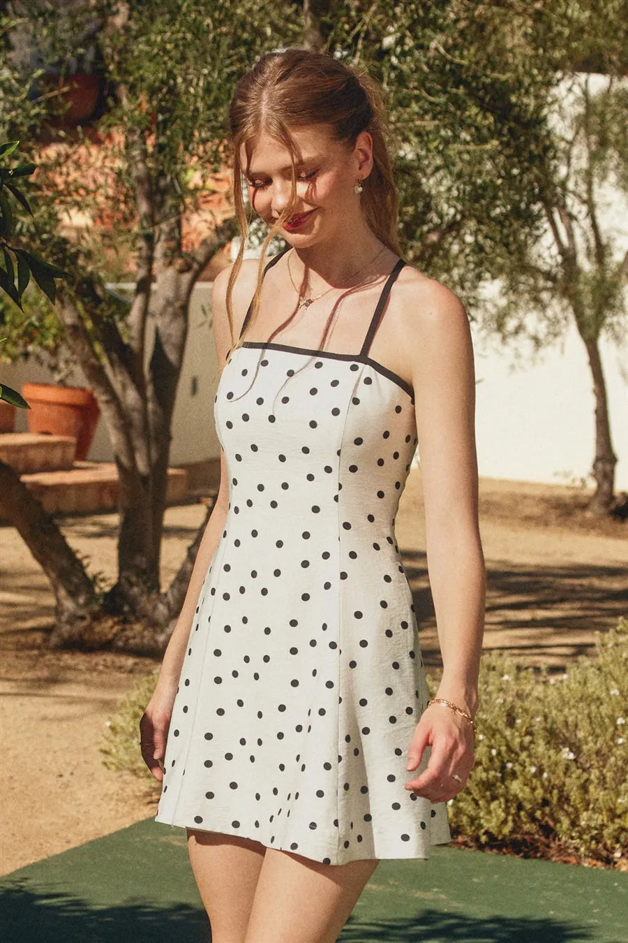 Polka Dot Contrast Bind Back Mini Dress IVORY / LARGE