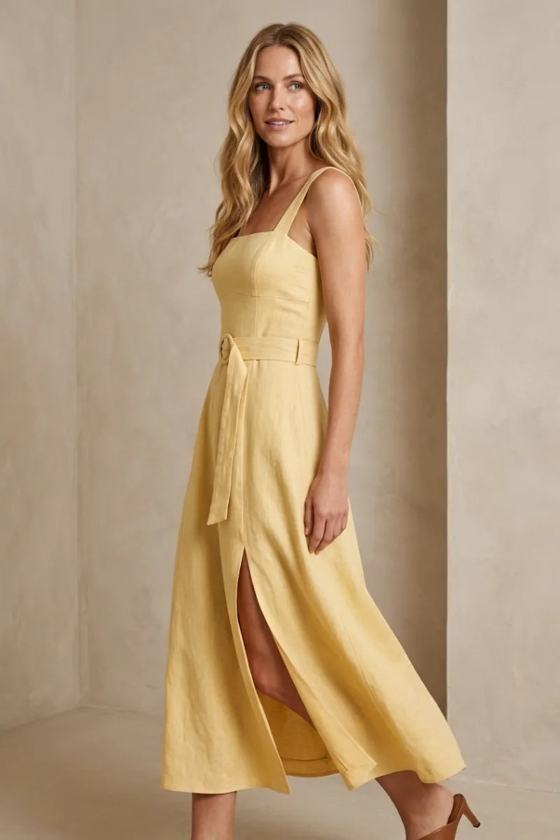 Linen Square Neck Buckle Midi Dress BUTTER / SMALL
