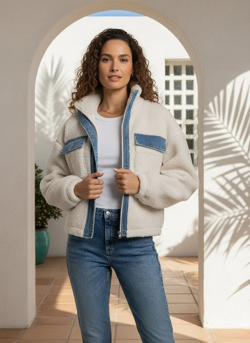 2023 winter shearling bomber jacket with denim accents and zipper, Supply Leona Jacket