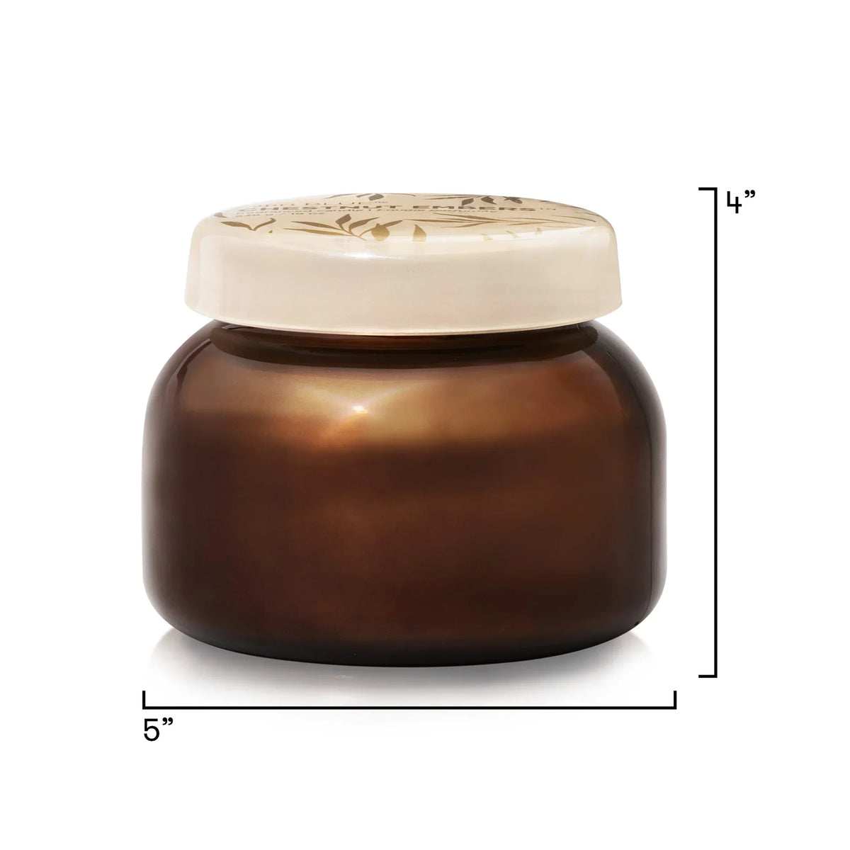 Amber glass jar with white lid, 5-inch signature jar candle featuring Chestnut Embers Autumn Glow