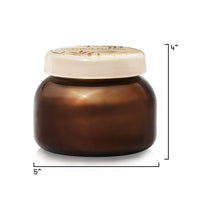 Amber glass jar with white lid, 5-inch signature jar candle featuring Chestnut Embers Autumn Glow