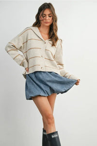 Beige and brown plaid striped collared cardigan with hood