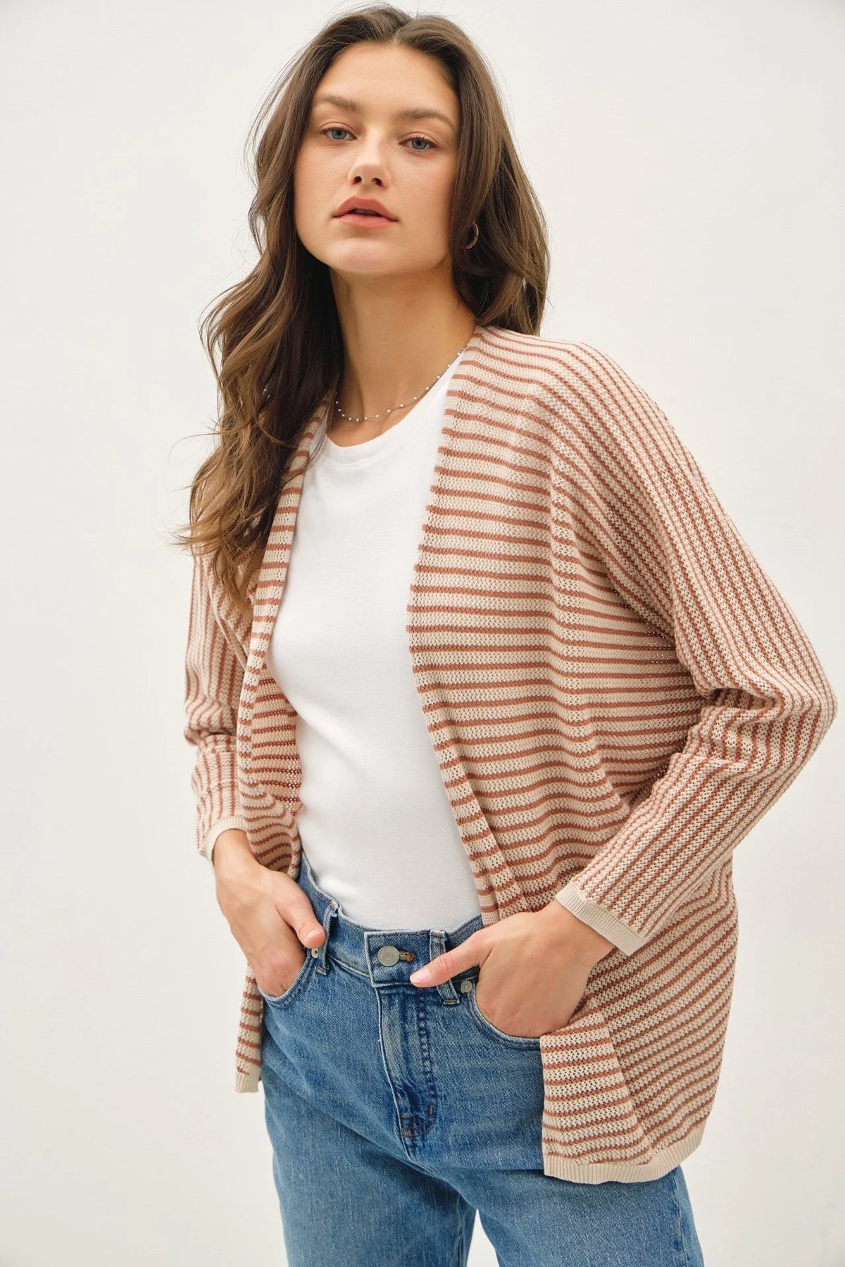Beige and brown striped dolman sleeve open cardigan displayed in STRIPED DOLMAN SLEEVE OPEN CARDIGAN