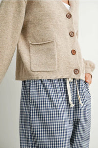 Beige V Neck Cuff Button-Up Long Sleeve Cardigan with front pocket and blue gingham pants