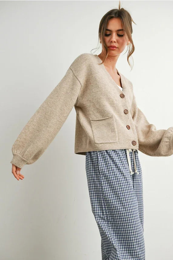 Beige V Neck Cuff Button-Up Long Sleeve Cardigan with Patch Pocket