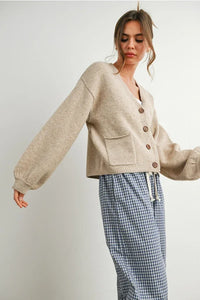 Beige V Neck Cuff Button-Up Long Sleeve Cardigan with Patch Pocket