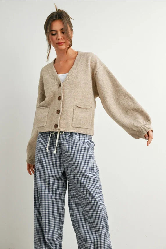 Beige V Neck Cuff Button-Up Long Sleeve Cardigan with large buttons and front pockets