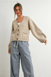 Beige V Neck Cuff Button-Up Long Sleeve Cardigan with large buttons and front pockets