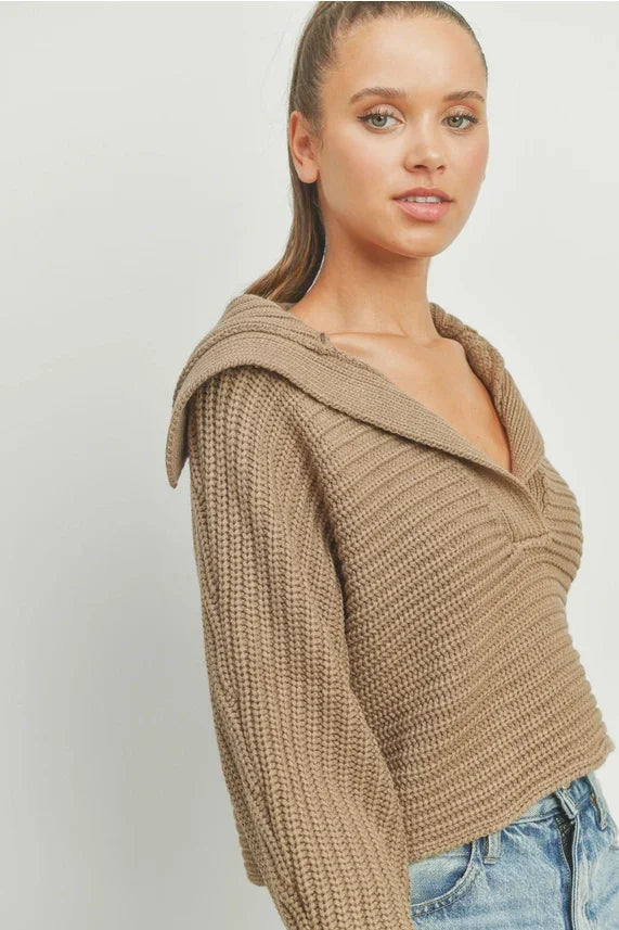 Beige cropped Drama Collar V Neck Sweater with hood and ribbed knit texture