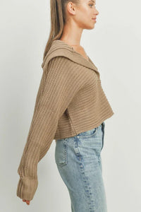 Beige cropped drama collar v neck sweater with ribbed hoodie