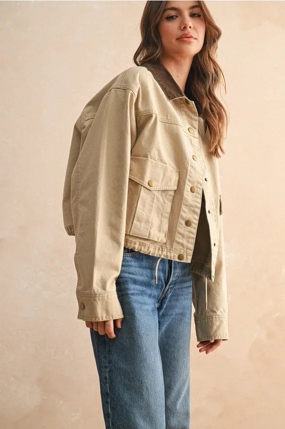 Beige collar contrasted utility jacket with button closure and patch pockets for women