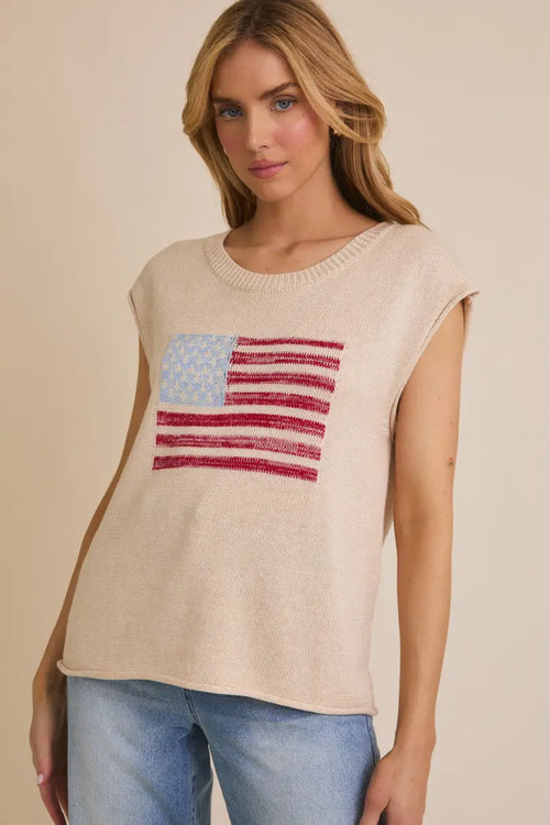 Beige knit crew neck sweater with wide shoulder USA flag design for stylish patriotism