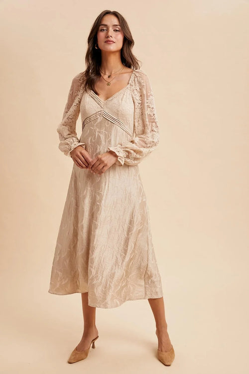 Beige lace jacquard maxi dress with textured floral print and lace trim