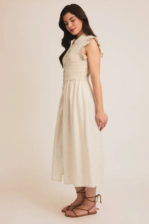 Beige ruffle sleeve midi dress from BUTTON UP SMOCKING TOP RUFFLE SLEEVE MIDI DRESS