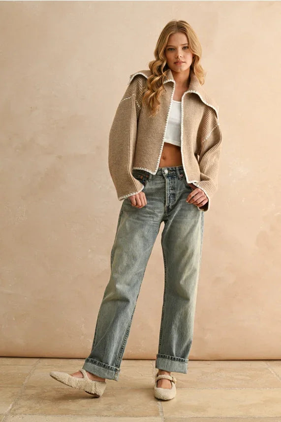 Beige oversized quilted sweater cardigan with hood and button closure, stitch detailed design