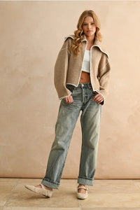 Beige oversized quilted sweater cardigan with hood and button closure, stitch detailed design