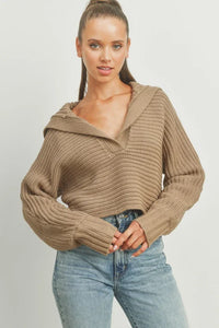 Drama Collar V-Neck Sweater in Beige Ribbed Hoodie