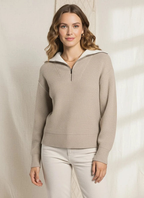 Beige ribbed supply Celia Pullover with half-zip hooded design and cozy style