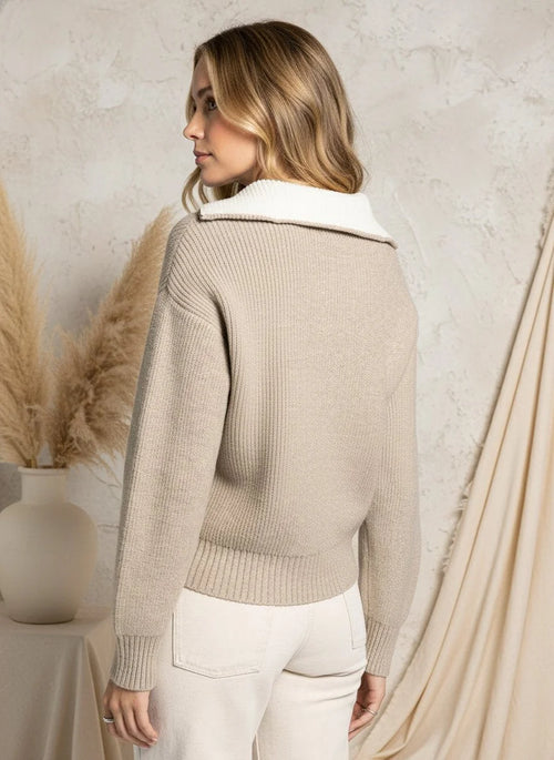 Beige ribbed Supply Celia Pullover with white fur collar and cuffs, made of wool or cashmere