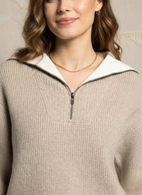 Beige textured Celia Pullover with white collar and zipper detail from Supply Celia