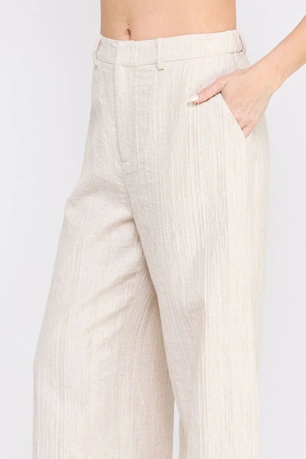 Beige textured wide-leg pants with back elastic waist, stylish wide leg trousers