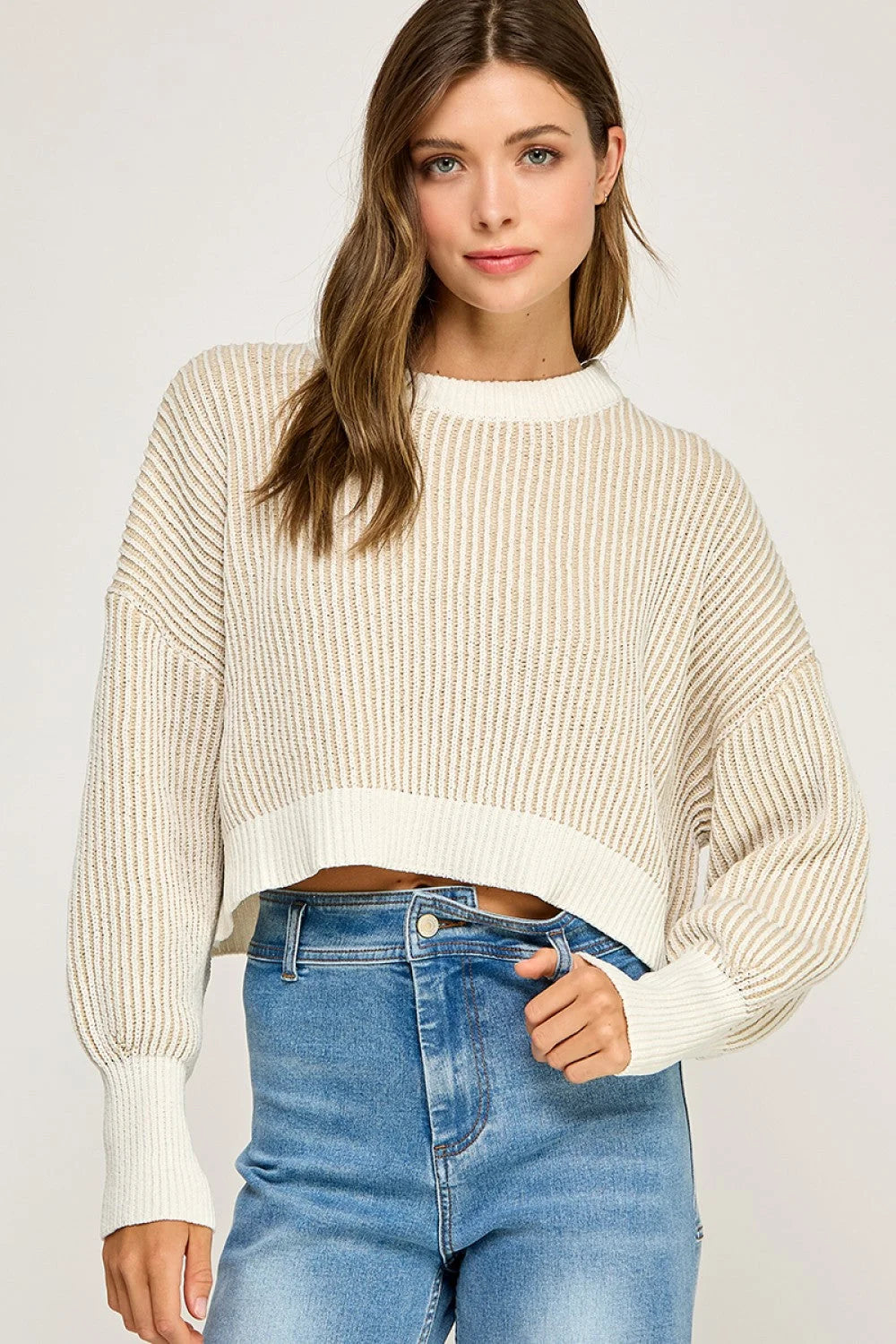Beige and white ribbed knit balloon sleeve sweater