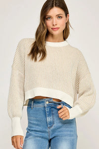 Beige and white ribbed knit balloon sleeve sweater