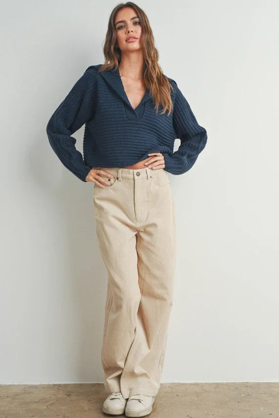 Drama collar V neck sweater with beige wide-leg cotton pants