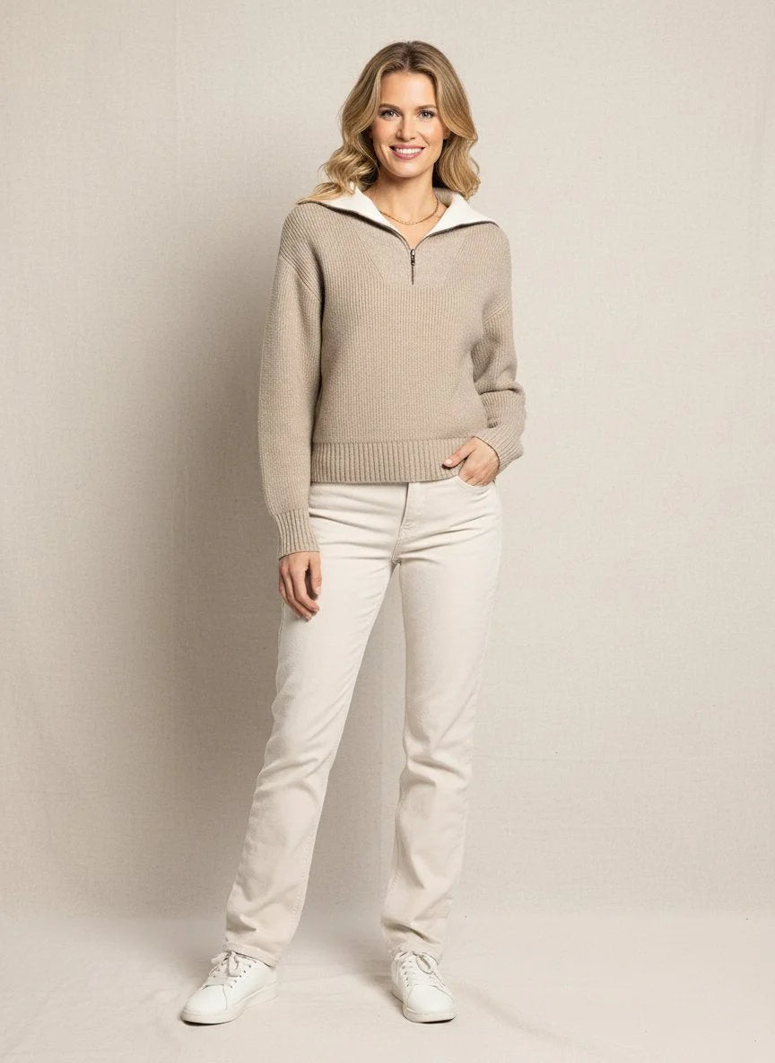 Beige zip-up Celia Pullover by Supply Celia with white collar and cuffs in soft knit