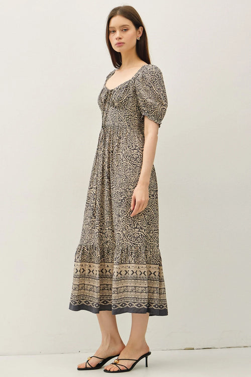 Black and beige Paisley Border Print Puff Sleeve Midi Dress with tiered skirt