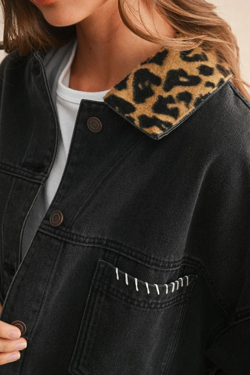 Black denim jacket with leopard collar and white stitching detail for LEOPARD COLLAR BLACK DENIM