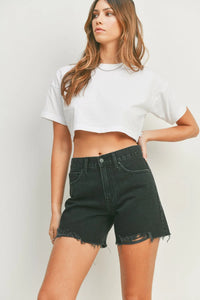 Black denim shorts with frayed hem from SUMMER BOYFRIEND SHORT, perfect women’s boho chic clothing