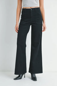 Black high-waisted wide leg flare denim jeans with patch pockets and front pockets