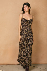 Black tie slit maxi dress with gold floral print and spaghetti straps for elegant style