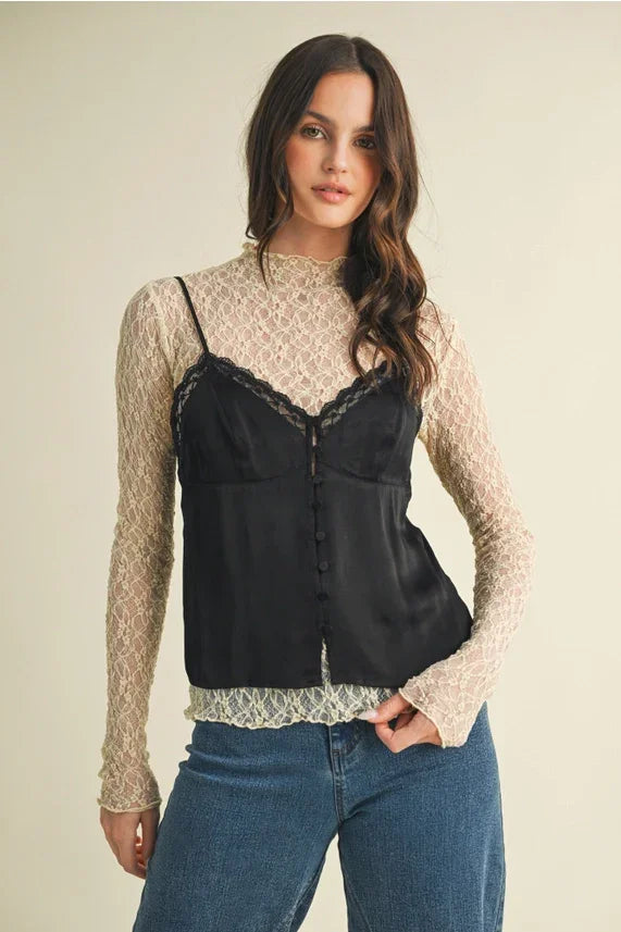 Black satin lace-trim camisole with lace V neck over beige mesh top, perfect for women’s boho chic clothing