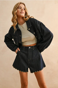 Black scallop embroidery short with button closure and pockets