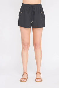 Black woven elastic tie-waist shorts from shop Daisy’s women’s boho chic clothing collection