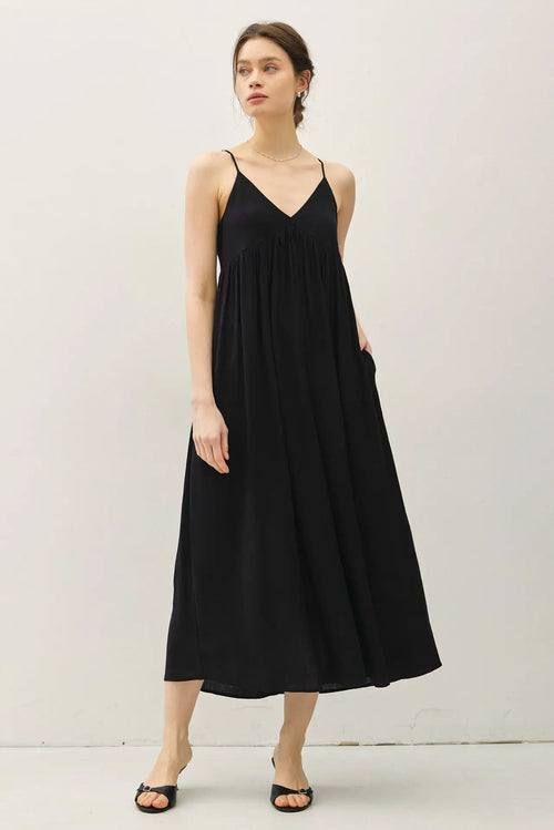 Black spaghetti strap midi dress from BREEZY BABY DOLL collection, perfect for womenās boho chic clothing, shop Daisy
