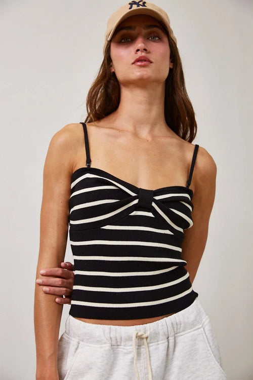 Black and white striped removable strap tube tank top with front bow detail