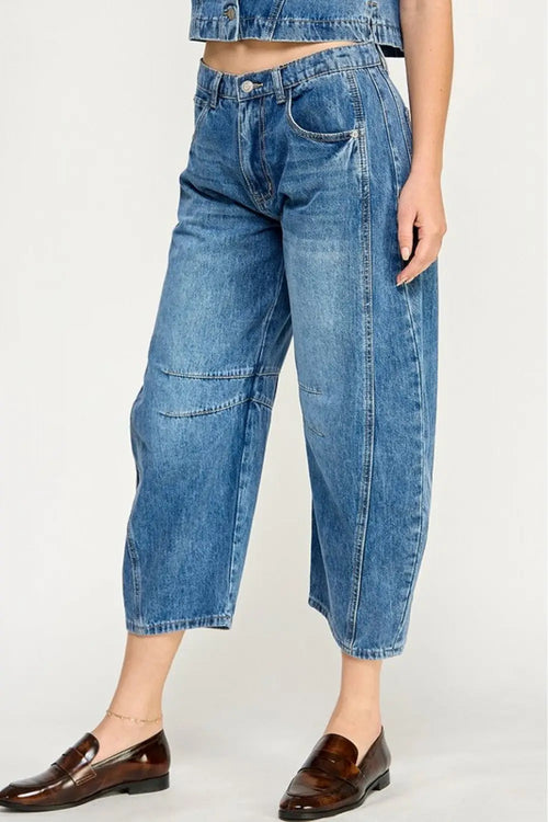 Blue denim cropped pants from MID-RISE BARREL JEANS, perfect for womenās boho chic clothing at Shop Daisy