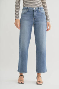 Blue denim cropped jeans featuring Mid Rise Stretch Bow Boyfriend design for stylish comfort