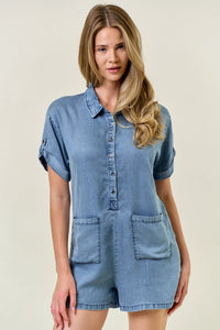 Blue denim romper made from TENCEL denim, ideal for women’s boho chic clothing at Shop Daisy