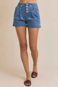 Blue denim shorts with floral embroidered pleated design, stylish embroidered pleated denim shorts